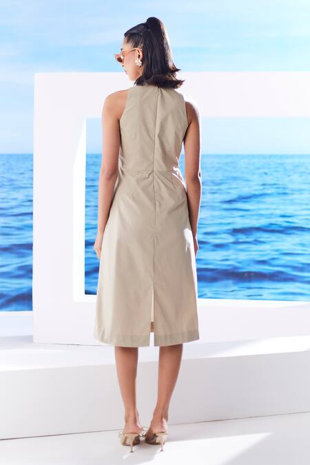 Shop House Of Zeniaa Beige Cotton Pearls V-neck Kendelle Embroidered Waistcoat Dress at Aza Fashions Shop_House Of Zeniaa_Beige Cotton Pearls V-neck Kendelle Embroidered Waistcoat Dress_at_Aza_Fashions