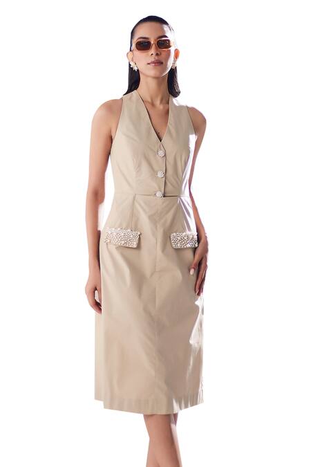 House Of Zeniaa Beige Cotton Pearls V-neck Kendelle Embroidered Waistcoat Dress Online at Aza Fashions House Of Zeniaa_Beige Cotton Pearls V-neck Kendelle Embroidered Waistcoat Dress_Online_at_Aza_Fashions