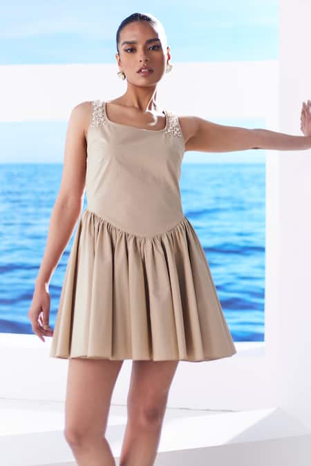 House Of Zeniaa_Beige Cotton Pearls Round Neck Flona Flare Short Dress_Online_at_Aza_Fashions