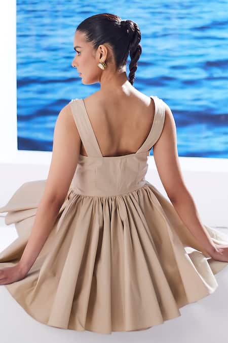 Buy_House Of Zeniaa_Beige Cotton Pearls Round Neck Flona Flare Short Dress_Online_at_Aza_Fashions