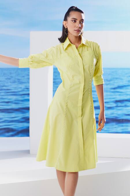 Buy_House Of Zeniaa_Yellow Cotton Pearls Collared Embroidered Short Summer Dress_Online_at_Aza_Fashions