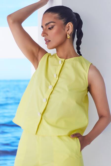 House Of Zeniaa_Yellow Cotton Pearls Round Neck Miss Samara Shirt And Pant Co-ord Set_Online_at_Aza_Fashions