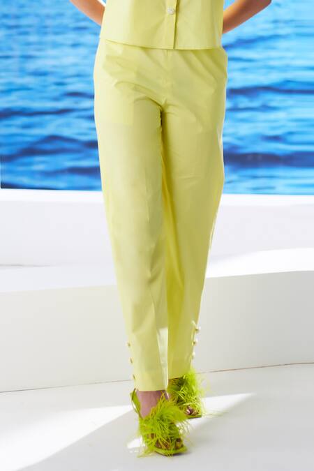 Buy_House Of Zeniaa_Yellow Cotton Pearls Round Neck Miss Samara Shirt And Pant Co-ord Set_Online_at_Aza_Fashions