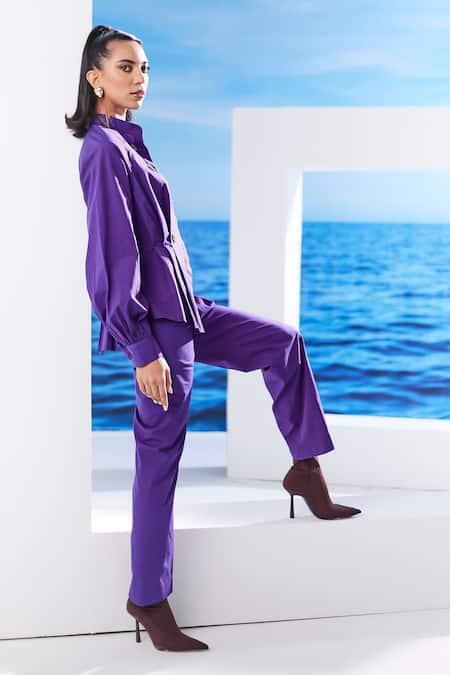 Shop_House Of Zeniaa_Purple Cotton Embroidery Collared Adina Pleated Shirt_Online_at_Aza_Fashions