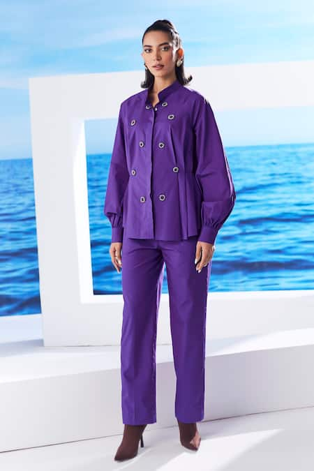 House of Zeniaa Purple Cotton Embroidered Collared Adina Pleated Shirt And Pant Set 