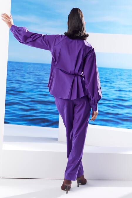 Shop House Of Zeniaa Purple Cotton Embroidery Collared Adina Pleated Shirt And Pant Set at Aza Fashions Shop_House Of Zeniaa_Purple Cotton Embroidery Collared Adina Pleated Shirt And Pant Set_at_Aza_Fashions
