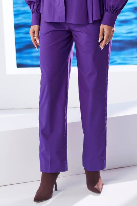 House Of Zeniaa Purple Cotton Embroidery Collared Adina Pleated Shirt And Pant Set Online at Aza Fashions House Of Zeniaa_Purple Cotton Embroidery Collared Adina Pleated Shirt And Pant Set_Online_at_Aza_Fashions