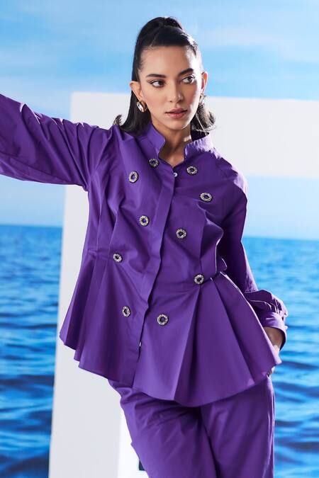 Buy House Of Zeniaa Purple Cotton Embroidery Collared Adina Pleated Shirt And Pant Set Online at Aza Fashions Buy_House Of Zeniaa_Purple Cotton Embroidery Collared Adina Pleated Shirt And Pant Set_Online_at_Aza_Fashions