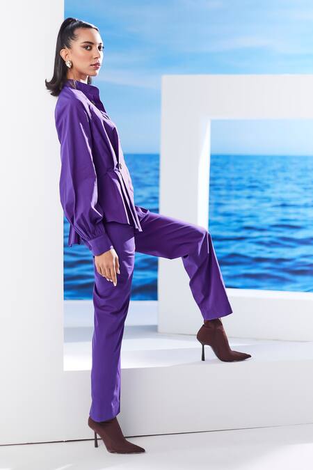 House Of Zeniaa Purple Cotton Embroidery Collared Adina Pleated Shirt And Pant Set at Aza Fashions House Of Zeniaa_Purple Cotton Embroidery Collared Adina Pleated Shirt And Pant Set_at_Aza_Fashions