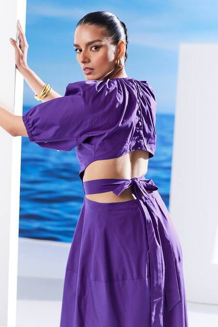 House Of Zeniaa Purple Cotton Stones Round Neck Beachy Back Cut Out Dress Online at Aza Fashions House Of Zeniaa_Purple Cotton Stones Round Neck Beachy Back Cut Out Dress_Online_at_Aza_Fashions