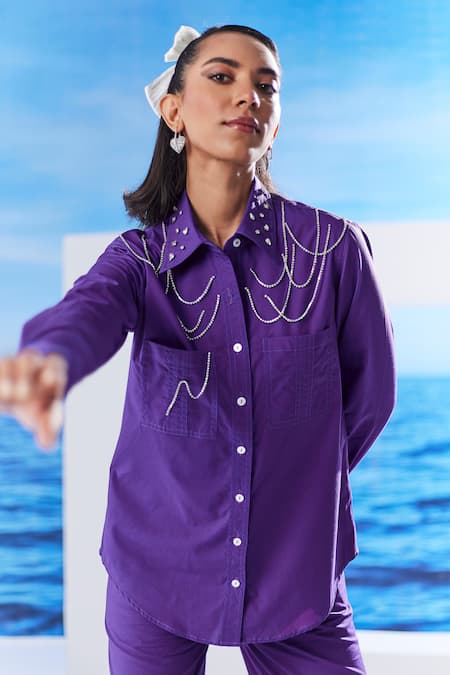 House of Zeniaa Purple Cotton Embellished Rhinestone Lace Collared Juno Shirt 