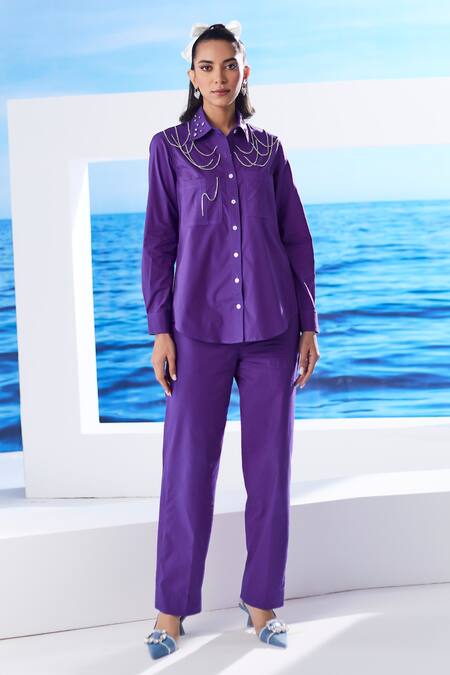 Buy_House Of Zeniaa_Purple Cotton Rhinestones Collared Juno Embellished Shirt_Online_at_Aza_Fashions