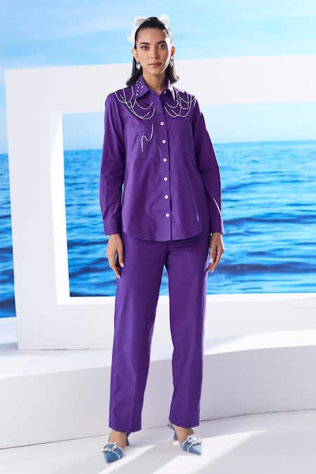 House of Zeniaa Purple Cotton Embellished Rhinestone Lace Collared Juno Shirt And Pant Set 