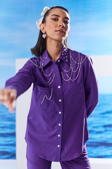 House Of Zeniaa_Purple Cotton Rhinestones Collared Juno Embellished Shirt And Pant Set_Online_at_Aza_Fashions