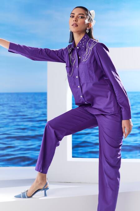 Buy_House Of Zeniaa_Purple Cotton Rhinestones Collared Juno Embellished Shirt And Pant Set_Online_at_Aza_Fashions