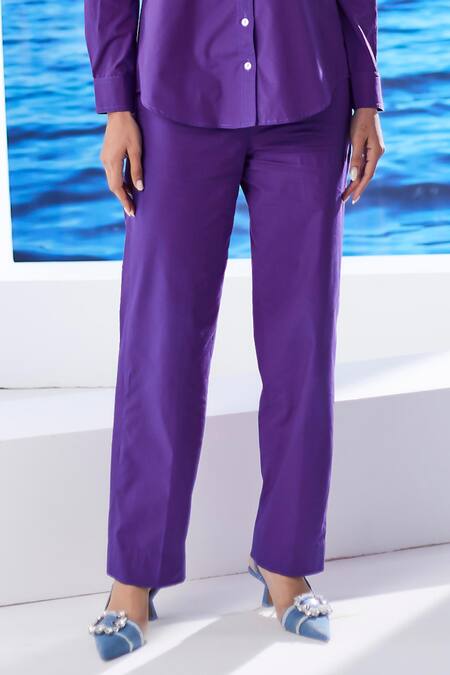 Shop_House Of Zeniaa_Purple Cotton Rhinestones Collared Juno Embellished Shirt And Pant Set_Online_at_Aza_Fashions