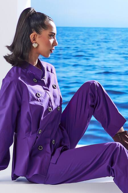 House Of Zeniaa_Purple Cotton Rhinestones Collared Juno Embellished Shirt And Pant Set_at_Aza_Fashions