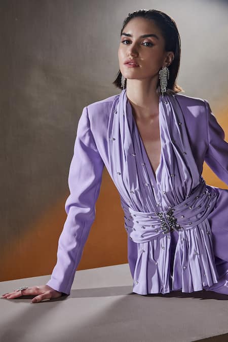 House Of Zeniaa Purple Crepe Stones Aster Goddess Embellished Blazer With Pant Online at Aza Fashions House Of Zeniaa_Purple Crepe Stones Aster Goddess Embellished Blazer With Pant_Online_at_Aza_Fashions