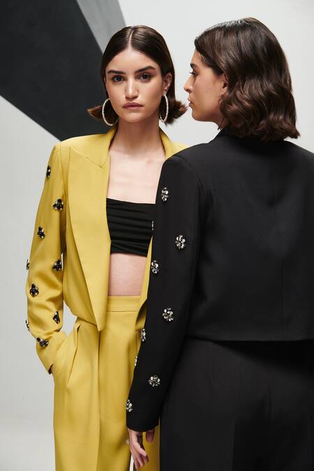 Shop_House Of Zeniaa_Black Crepe Embroidery Boss Babe Embellished Crop Blazer_at_Aza_Fashions