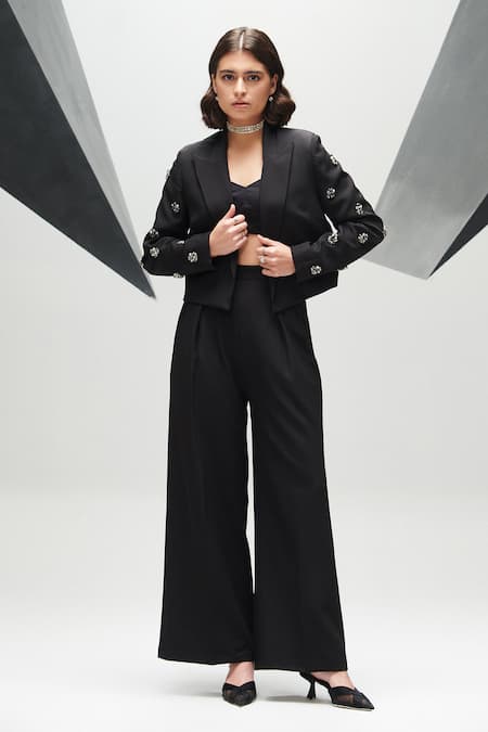 House Of Zeniaa_Black Crepe Embroidery Boss Babe Embellished Crop Blazer_Online_at_Aza_Fashions