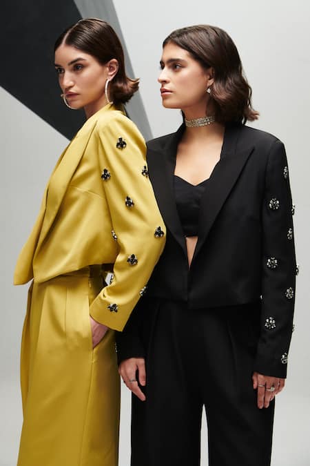 House Of Zeniaa_Green Crepe Stones Boss Babe Embellished Crop Blazer_Online_at_Aza_Fashions