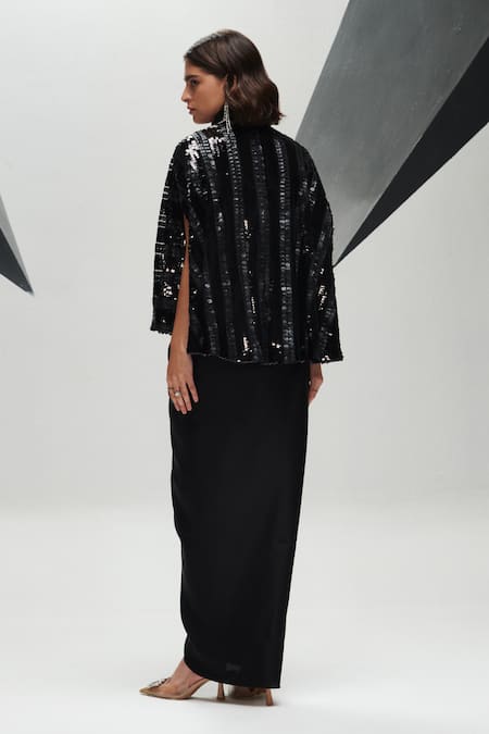 Shop_House Of Zeniaa_Black Night Aura Sequin Embellished Cape_at_Aza_Fashions