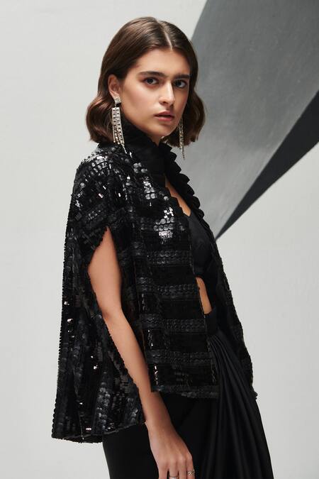 House Of Zeniaa_Black Night Aura Sequin Embellished Cape_Online_at_Aza_Fashions