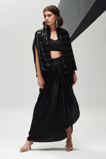 Buy_House Of Zeniaa_Black Night Aura Sequin Embellished Cape_Online_at_Aza_Fashions
