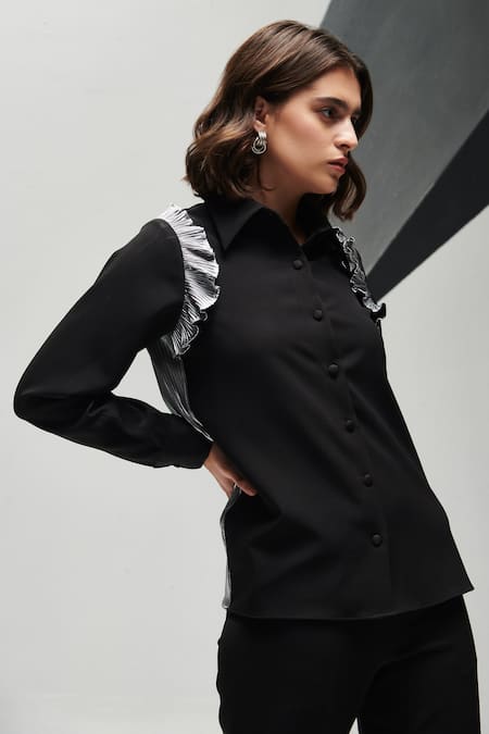 House Of Zeniaa Black Crepe Ruffles Collared Vanessa Shirt Online at Aza Fashions House Of Zeniaa_Black Crepe Ruffles Collared Vanessa Shirt_Online_at_Aza_Fashions