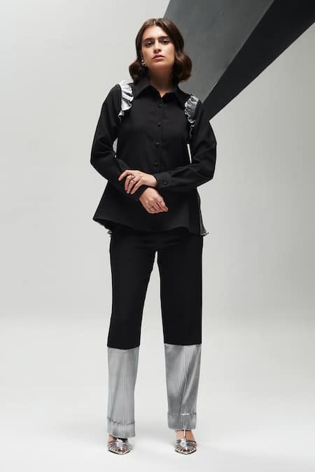 Buy House Of Zeniaa Black Crepe Ruffles Collared Vanessa Shirt Online at Aza Fashions Buy_House Of Zeniaa_Black Crepe Ruffles Collared Vanessa Shirt_Online_at_Aza_Fashions