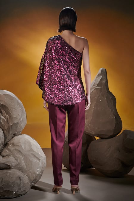 Shop House Of Zeniaa Wine Satin Sequins One Shoulder Norah Draped Top at Aza Fashions Shop_House Of Zeniaa_Wine Satin Sequins One Shoulder Norah Draped Top_at_Aza_Fashions
