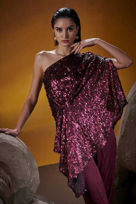 Buy House Of Zeniaa Wine Satin Sequins One Shoulder Norah Draped Top Online at Aza Fashions Buy_House Of Zeniaa_Wine Satin Sequins One Shoulder Norah Draped Top_Online_at_Aza_Fashions