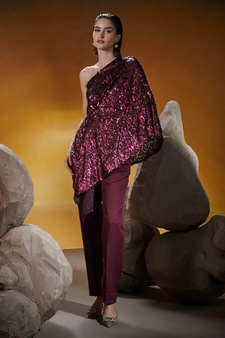 House Of Zeniaa Wine Satin Sequins One Shoulder Norah Draped Top at Aza Fashions House Of Zeniaa_Wine Satin Sequins One Shoulder Norah Draped Top_at_Aza_Fashions