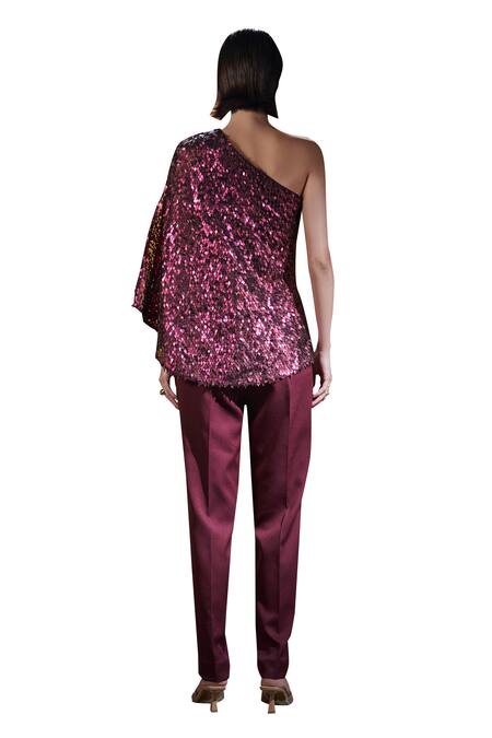 Buy House Of Zeniaa Wine Satin Sequins One Shoulder Norah Draped Top Buy_House Of Zeniaa_Wine Satin Sequins One Shoulder Norah Draped Top