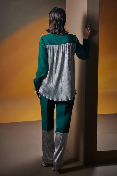 Shop House Of Zeniaa Green Crepe Ruffles Collared Vanessa Pleated Shirt at Aza Fashions Shop_House Of Zeniaa_Green Crepe Ruffles Collared Vanessa Pleated Shirt_at_Aza_Fashions