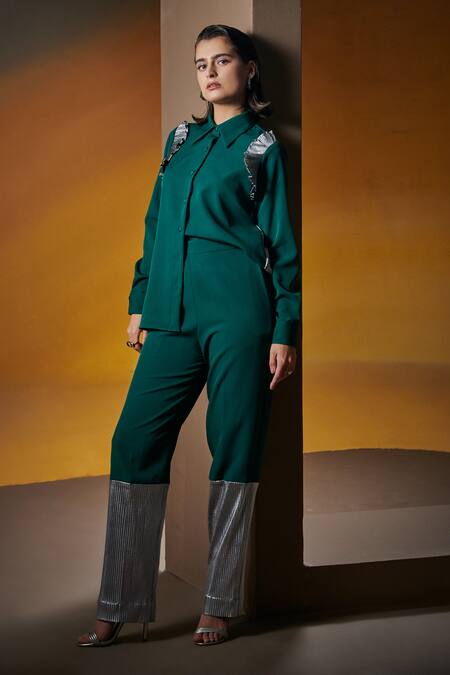 House Of Zeniaa Green Crepe Ruffles Collared Vanessa Pleated Shirt Online at Aza Fashions House Of Zeniaa_Green Crepe Ruffles Collared Vanessa Pleated Shirt_Online_at_Aza_Fashions