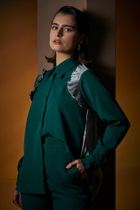 Buy House Of Zeniaa Green Crepe Ruffles Collared Vanessa Pleated Shirt Online at Aza Fashions Buy_House Of Zeniaa_Green Crepe Ruffles Collared Vanessa Pleated Shirt_Online_at_Aza_Fashions