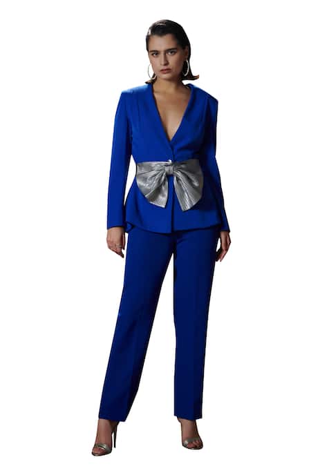 House Of Zeniaa_Blue Crepe Bows Empire Solid Blazer_Online_at_Aza_Fashions