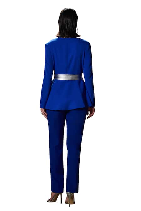 House Of Zeniaa_Blue Crepe Bows Empire Solid Blazer_at_Aza_Fashions