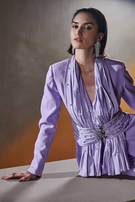 House Of Zeniaa Purple Crepe Stones Aster Goddess Embellished Online at Aza Fashions House Of Zeniaa_Purple Crepe Stones Aster Goddess Embellished_Online_at_Aza_Fashions