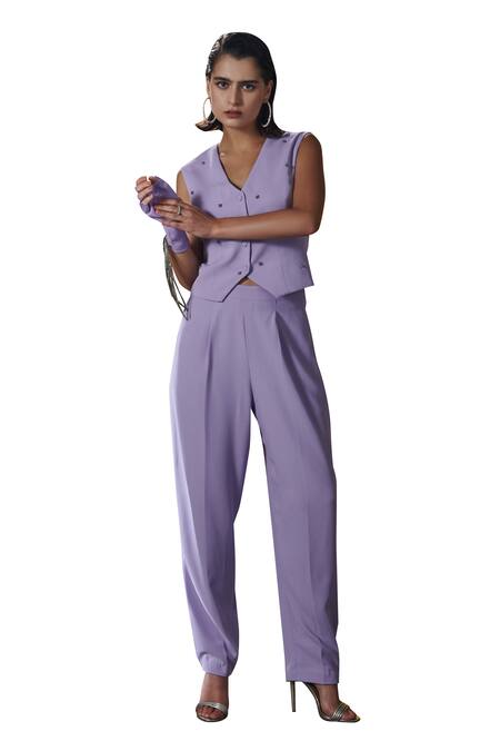 Shop_House Of Zeniaa_Purple Crepe Stones V-neck Iris Embellished Waistcoat_Online_at_Aza_Fashions