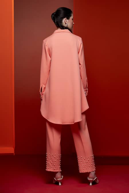 Shop House Of Zeniaa Peach Crepe Pearls V-neck Miss Embellished Shirt With Pant at Aza Fashions Shop_House Of Zeniaa_Peach Crepe Pearls V-neck Miss Embellished Shirt With Pant_at_Aza_Fashions