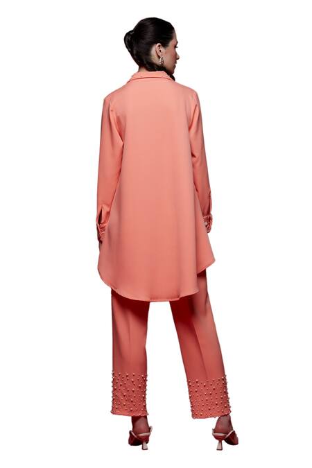 House Of Zeniaa Peach Crepe Pearls V-neck Miss Embellished Shirt With Pant Online at Aza Fashions House Of Zeniaa_Peach Crepe Pearls V-neck Miss Embellished Shirt With Pant_Online_at_Aza_Fashions