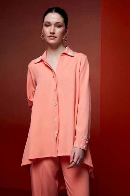 Buy House Of Zeniaa Peach Crepe Pearls V-neck Miss Embellished Shirt With Pant Online at Aza Fashions Buy_House Of Zeniaa_Peach Crepe Pearls V-neck Miss Embellished Shirt With Pant_Online_at_Aza_Fashions