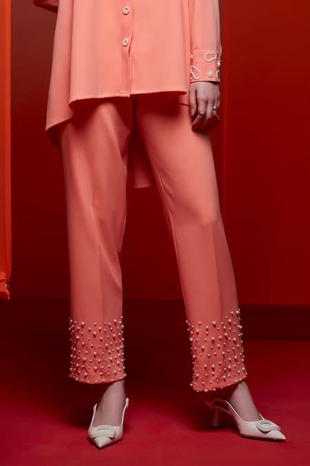 Shop House Of Zeniaa Peach Crepe Pearls V-neck Miss Embellished Shirt With Pant Online at Aza Fashions Shop_House Of Zeniaa_Peach Crepe Pearls V-neck Miss Embellished Shirt With Pant_Online_at_Aza_Fashions
