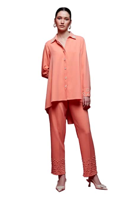 House Of Zeniaa Peach Crepe Pearls V-neck Miss Embellished Shirt With Pant at Aza Fashions House Of Zeniaa_Peach Crepe Pearls V-neck Miss Embellished Shirt With Pant_at_Aza_Fashions