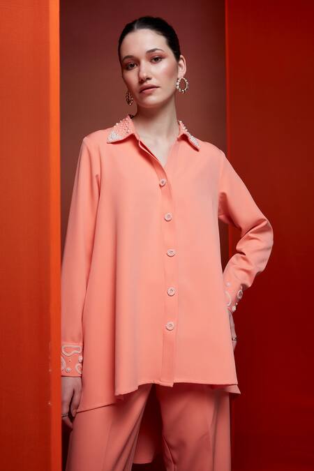 Buy House Of Zeniaa Peach Crepe Pearls V-neck Miss Embellished Shirt With Pant Buy_House Of Zeniaa_Peach Crepe Pearls V-neck Miss Embellished Shirt With Pant