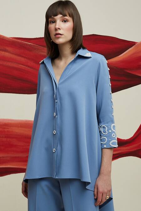 Shop House Of Zeniaa Blue Crepe Pearls V-neck Miss Embellished Shirt With Pant at Aza Fashions Shop_House Of Zeniaa_Blue Crepe Pearls V-neck Miss Embellished Shirt With Pant_at_Aza_Fashions