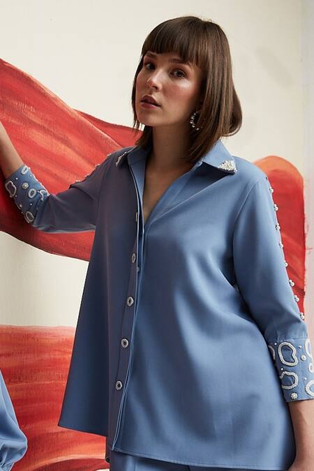 House Of Zeniaa Blue Crepe Pearls V-neck Miss Embellished Shirt With Pant Online at Aza Fashions House Of Zeniaa_Blue Crepe Pearls V-neck Miss Embellished Shirt With Pant_Online_at_Aza_Fashions