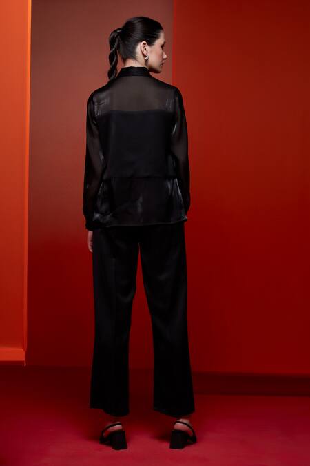 Shop House Of Zeniaa Black Silk, Satin, Organza Stones Collared Get Along Embroidered Shirt With Pant at Aza Fashions Shop_House Of Zeniaa_Black Silk, Satin, Organza Stones Collared Get Along Embroidered Shirt With Pant_at_Aza_Fashions